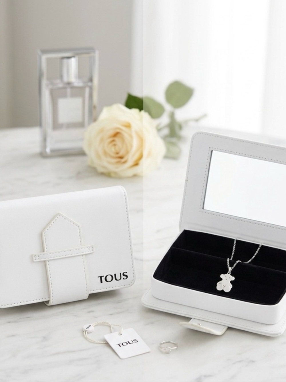 TOUS White Jewelry Travel Case with Black Velvet Interior and Mirror